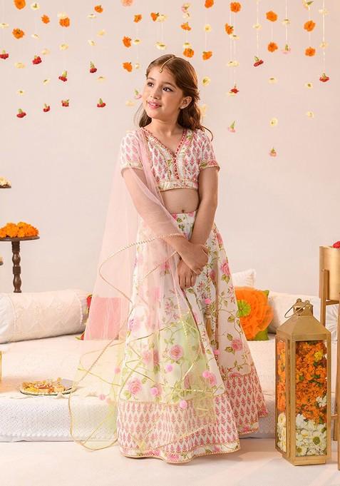 Off White Printed Blended Lehenga Choli For Girls