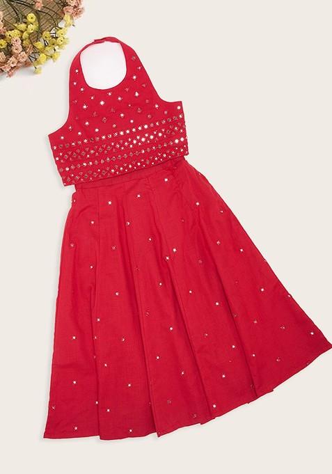 Red Embroidered Cotton Blend Lehenga Choli For Girls — view on Indya