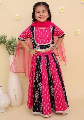 Pink Printed Blended Lehenga Choli For Girls