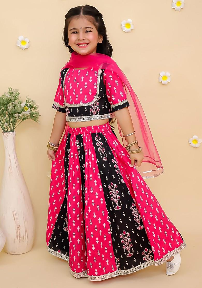 Pink Printed Blended Lehenga Choli For Girls - Indya