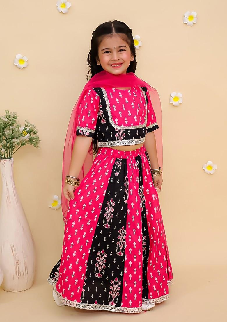 Pink Printed Blended Lehenga Choli For Girls - Indya