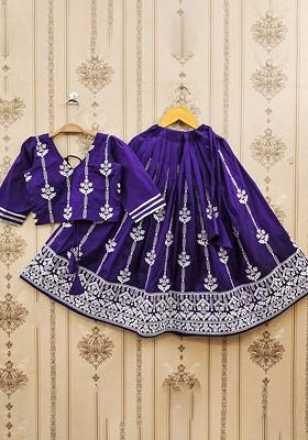Lavender Embroidered Blended Lehenga Choli For Girls