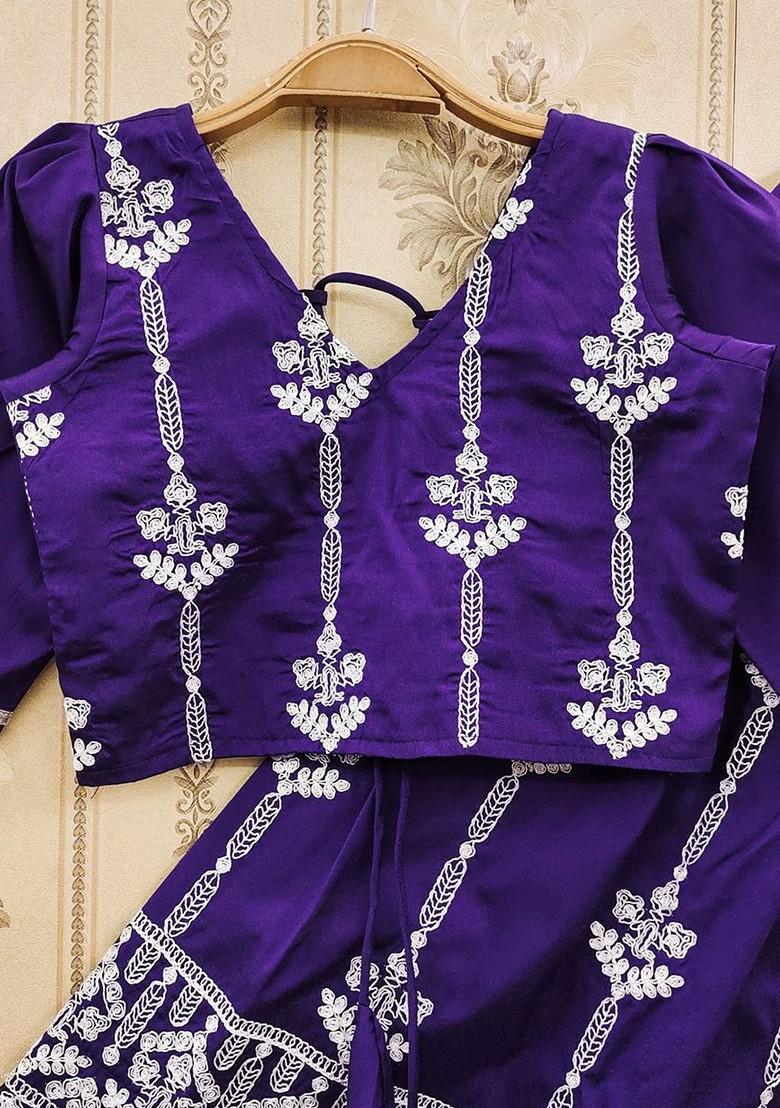 Lavender Embroidered Blended Lehenga Choli For Girls - Indya