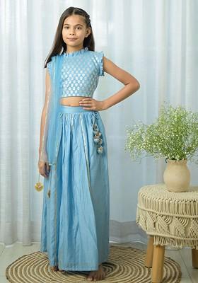 Blue Embroidered Cotton Blend Lehenga Choli For Girls