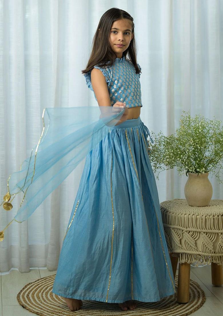 Blue Embroidered Cotton Blend Lehenga Choli For Girls - Indya