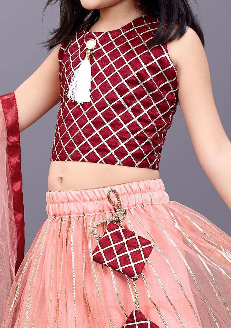 Peach Embroidered Blended Lehenga Choli For Girls - Indya