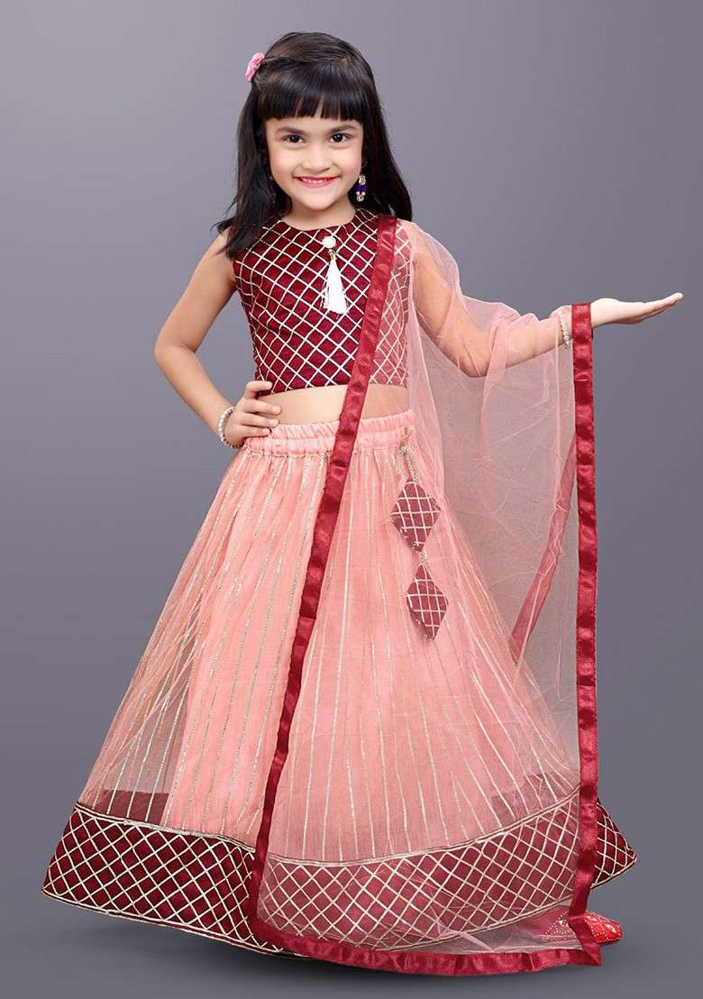Peach Embroidered Blended Lehenga Choli For Girls - Indya
