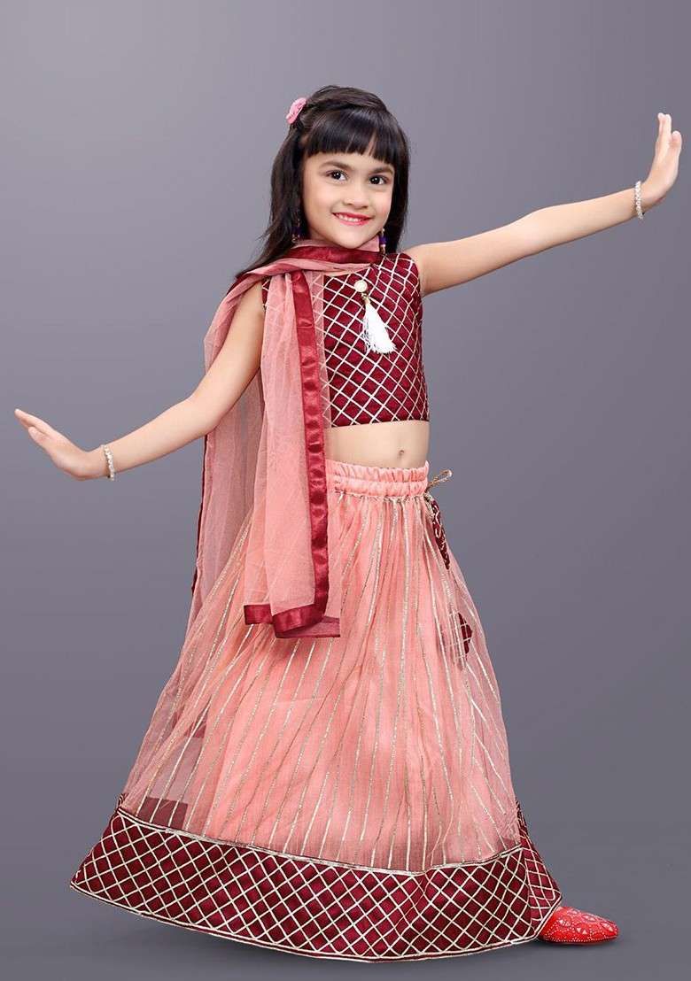 Peach Embroidered Blended Lehenga Choli For Girls - Indya