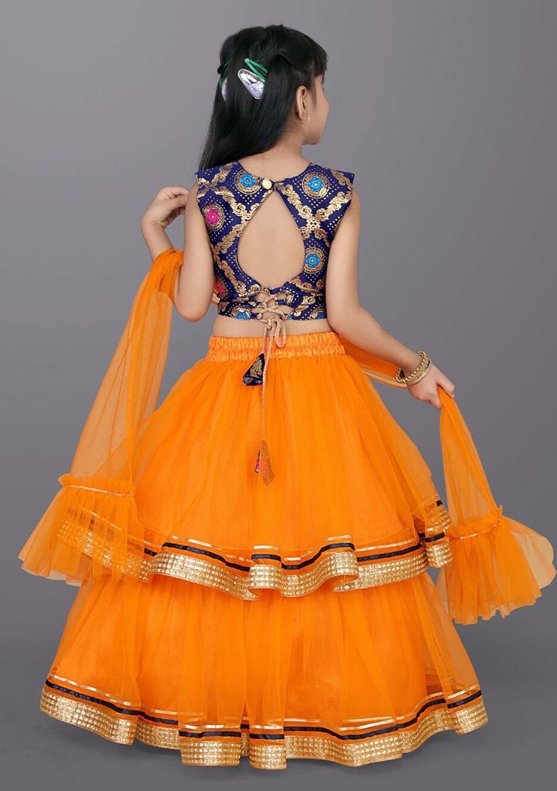 Orange Embroidered Blended Lehenga Choli For Girls - Indya