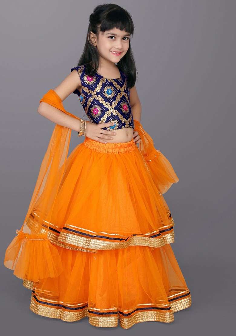 Orange Embroidered Blended Lehenga Choli For Girls - Indya