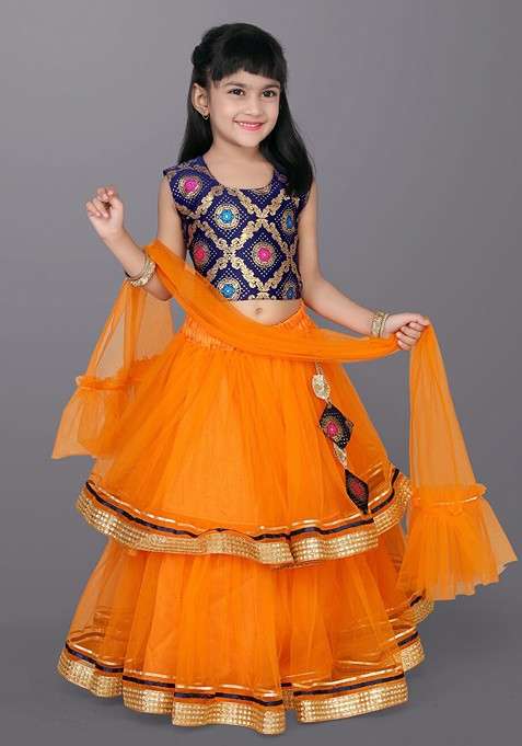 Orange Embroidered Blended Lehenga Choli For Girls