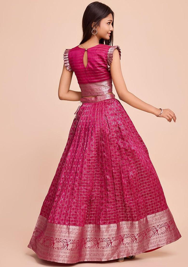 Pink Printed Blended Lehenga Choli For Girls - Indya