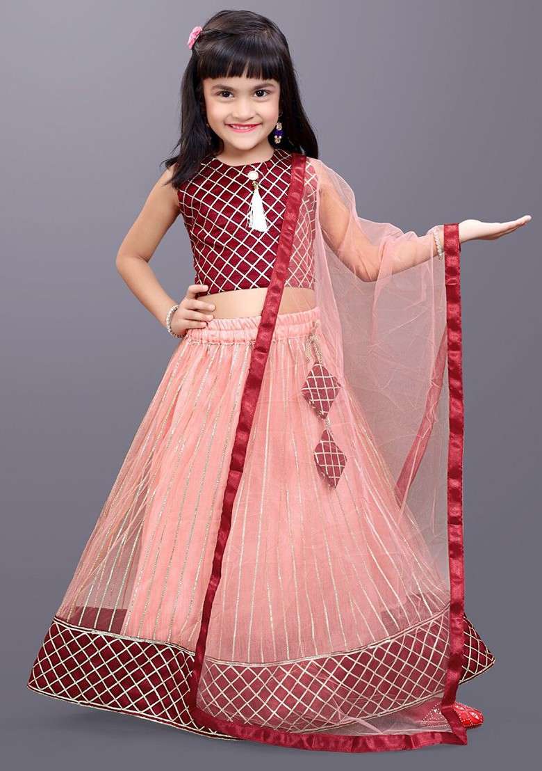 Peach Embroidered Blended Lehenga Choli For Girls - Indya