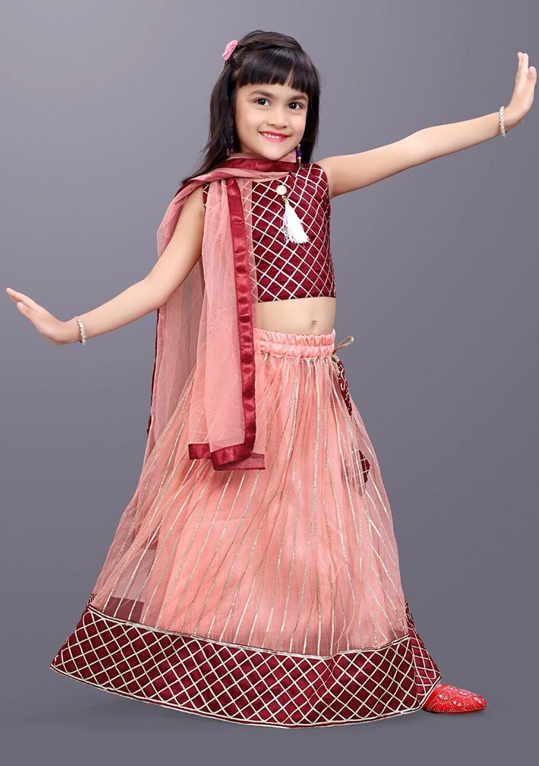 Peach Embroidered Blended Lehenga Choli For Girls - Indya