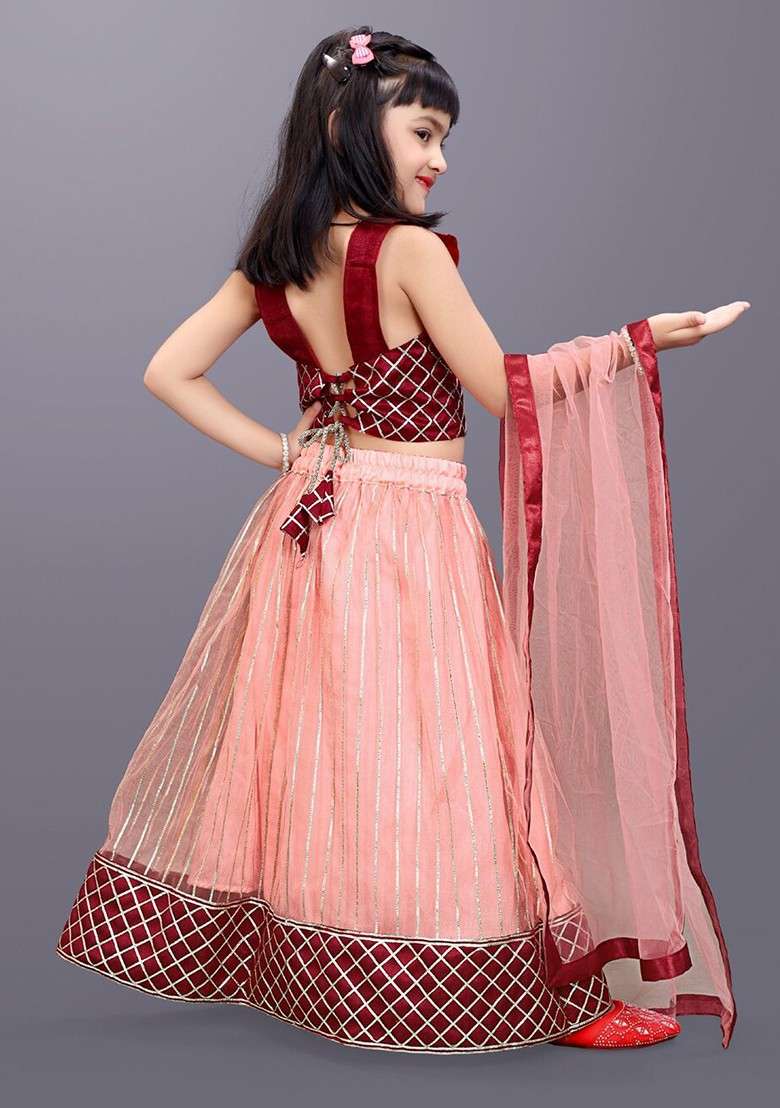 Peach Embroidered Blended Lehenga Choli For Girls - Indya