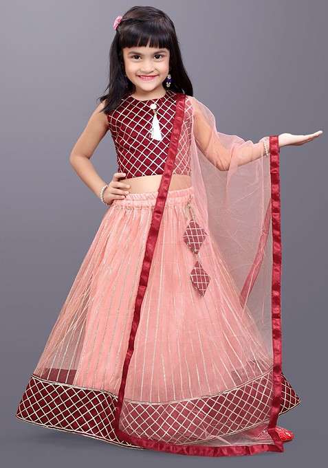 Peach Embroidered Blended Lehenga Choli For Girls