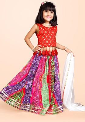 Red Printed Blended Lehenga Choli For Girls