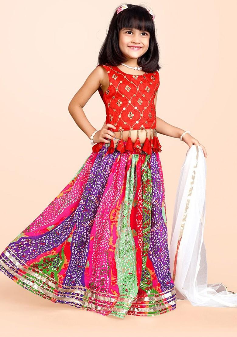 Red Printed Blended Lehenga Choli For Girls - Indya