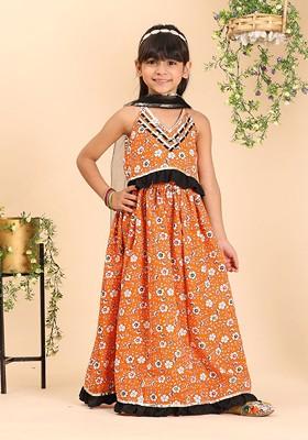 Orange Printed Cotton Blend Lehenga Choli For Girls