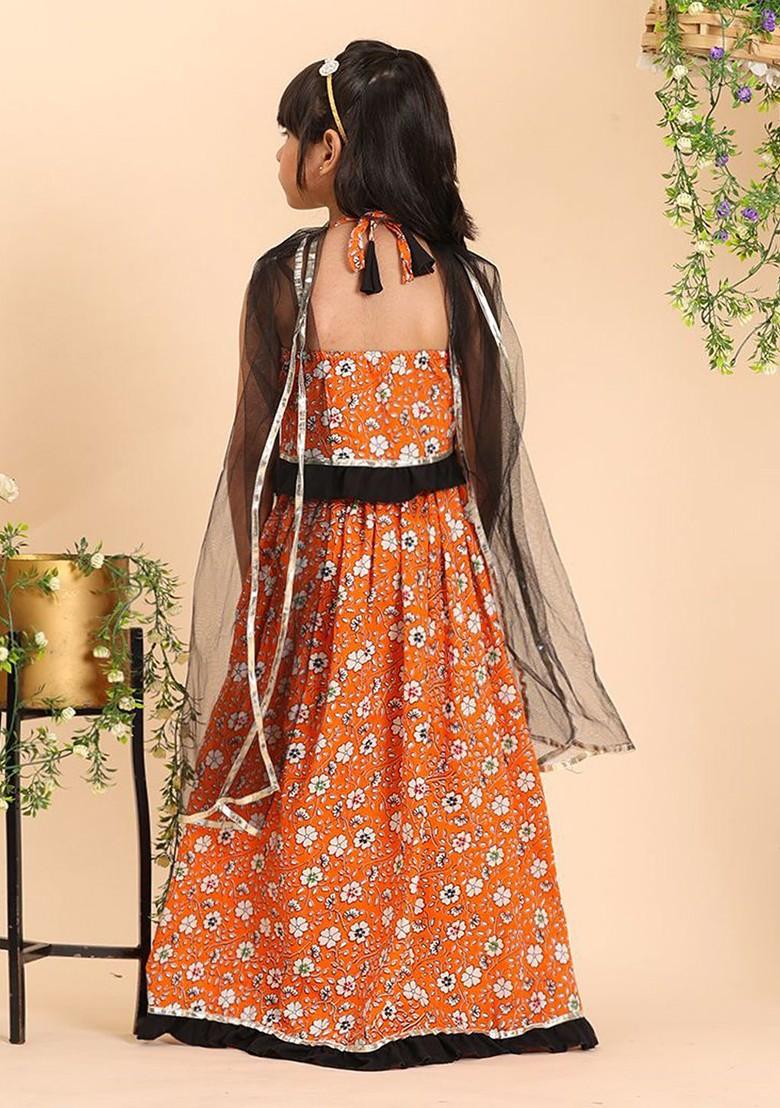 Orange Printed Cotton Blend Lehenga Choli For Girls - Indya
