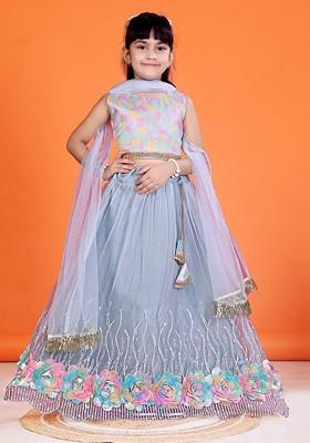 Grey Printed Blended Lehenga Choli For Girls