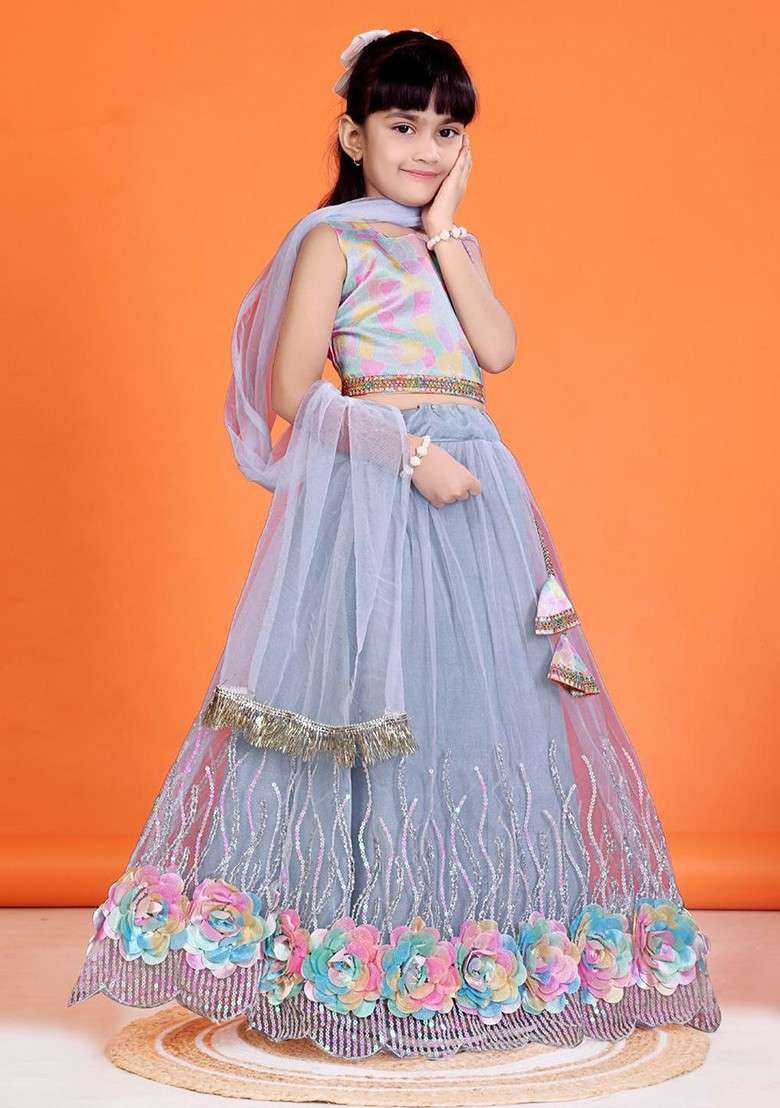 Grey Printed Blended Lehenga Choli For Girls - Indya