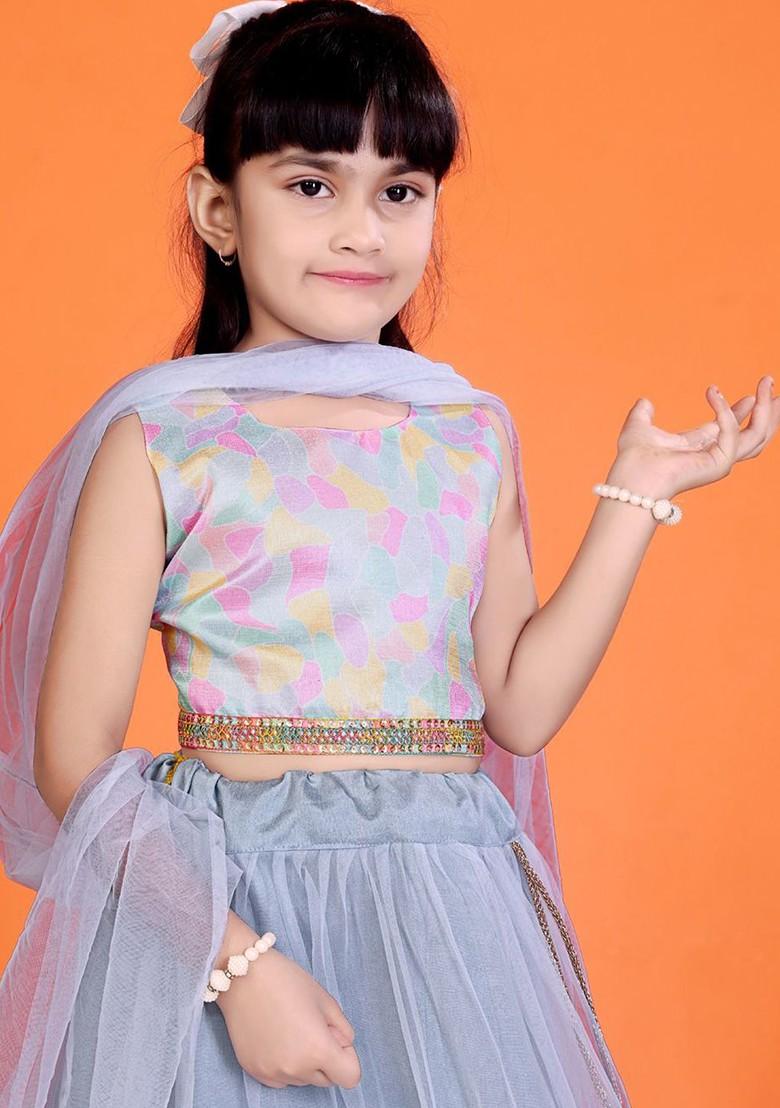 Grey Printed Blended Lehenga Choli For Girls - Indya