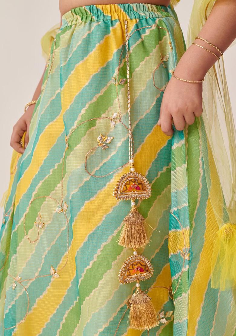 Green Printed Blended Lehenga Choli For Girls - Indya