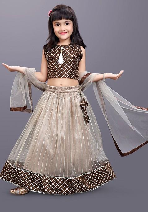 Beige Embroidered Blended Lehenga Choli For Girls