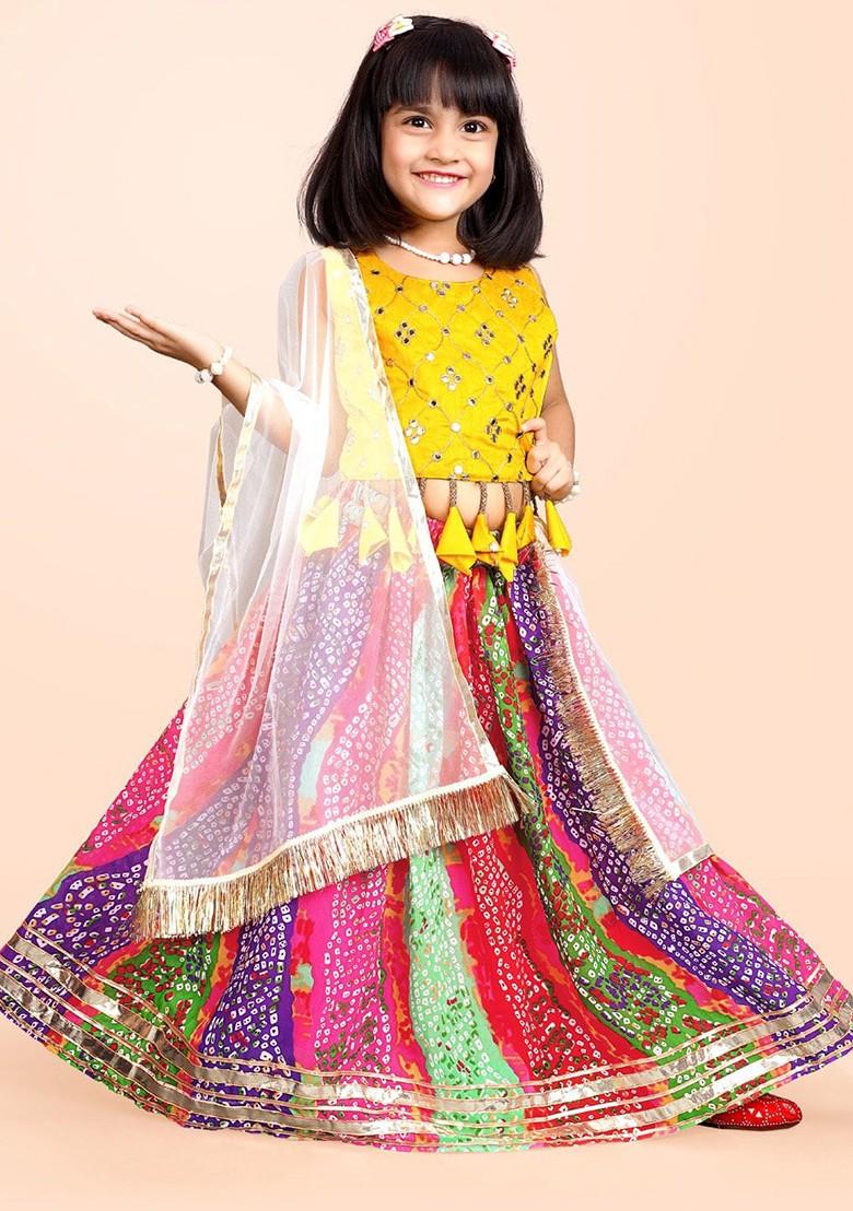 Yellow Printed Blended Lehenga Choli For Girls - Indya