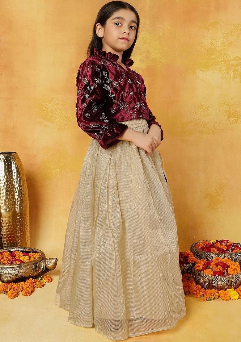 Maroon Embroidered Blended Lehenga Choli For Girls - Indya