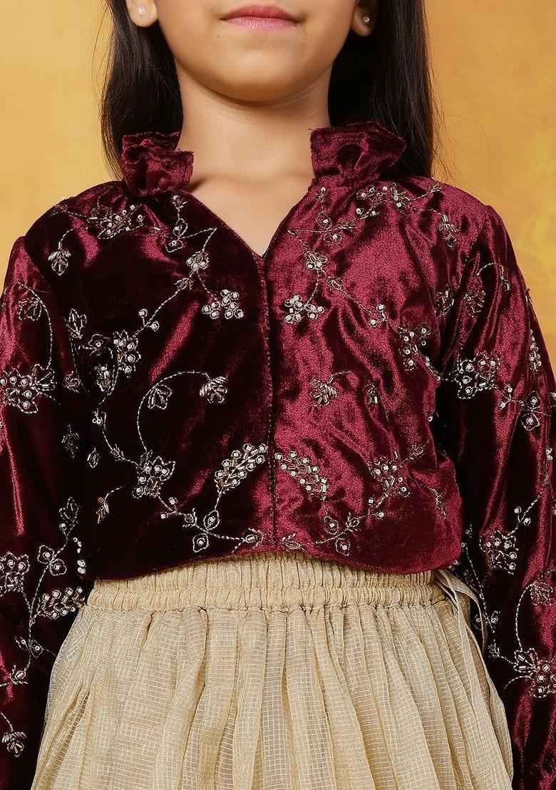 Maroon Embroidered Blended Lehenga Choli For Girls - Indya