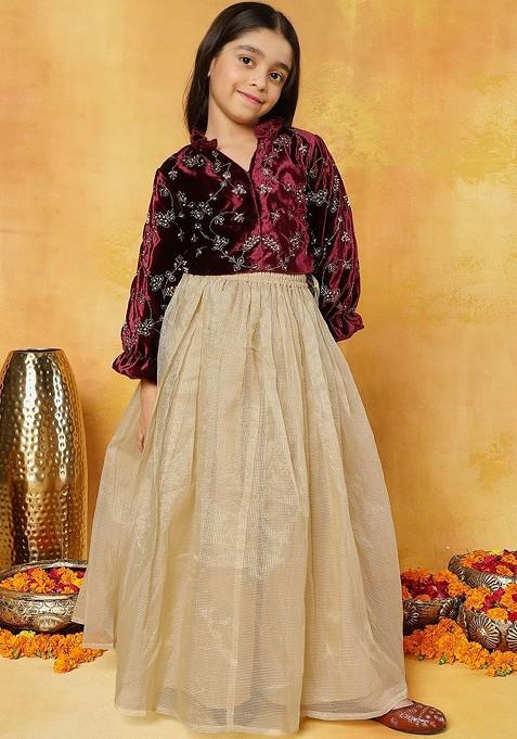 Maroon Embroidered Blended Lehenga Choli For Girls — view on Indya
