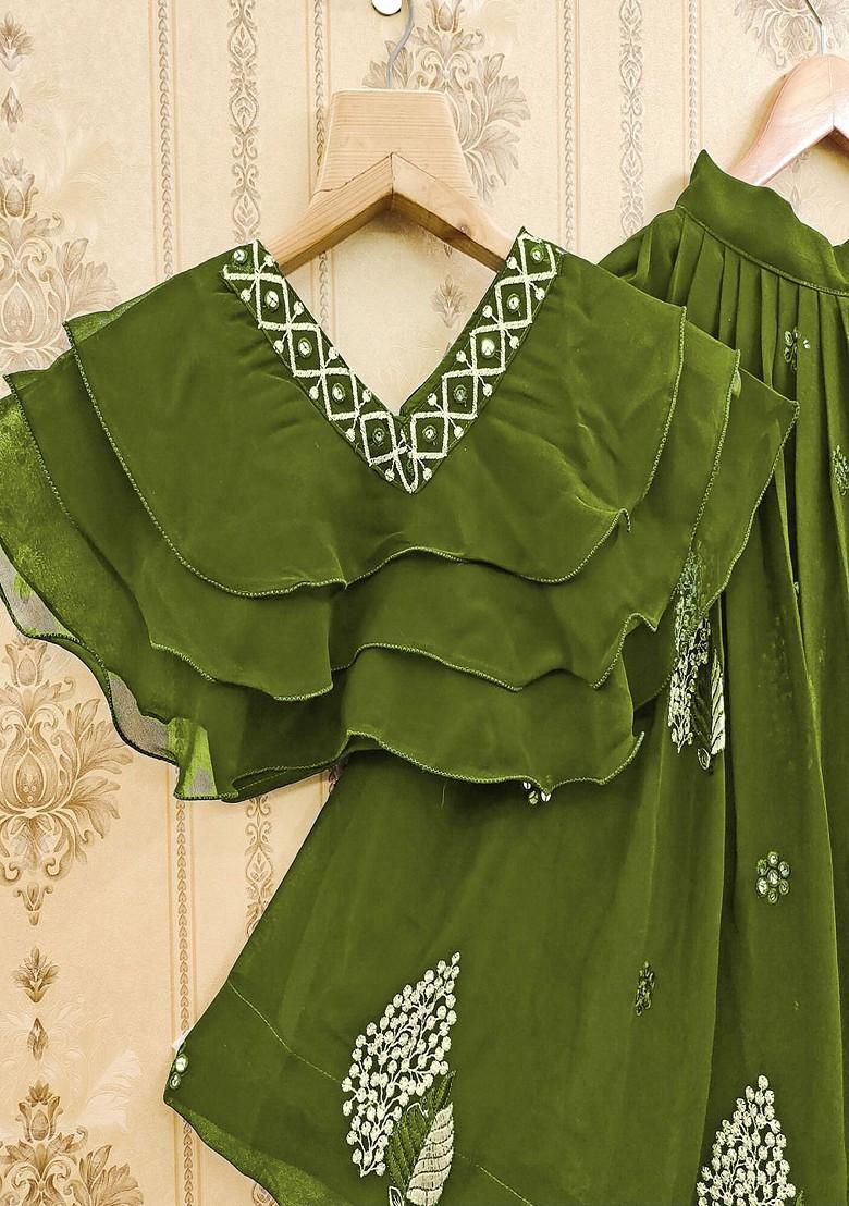 Green Embroidered Blended Lehenga Choli For Girls - Indya