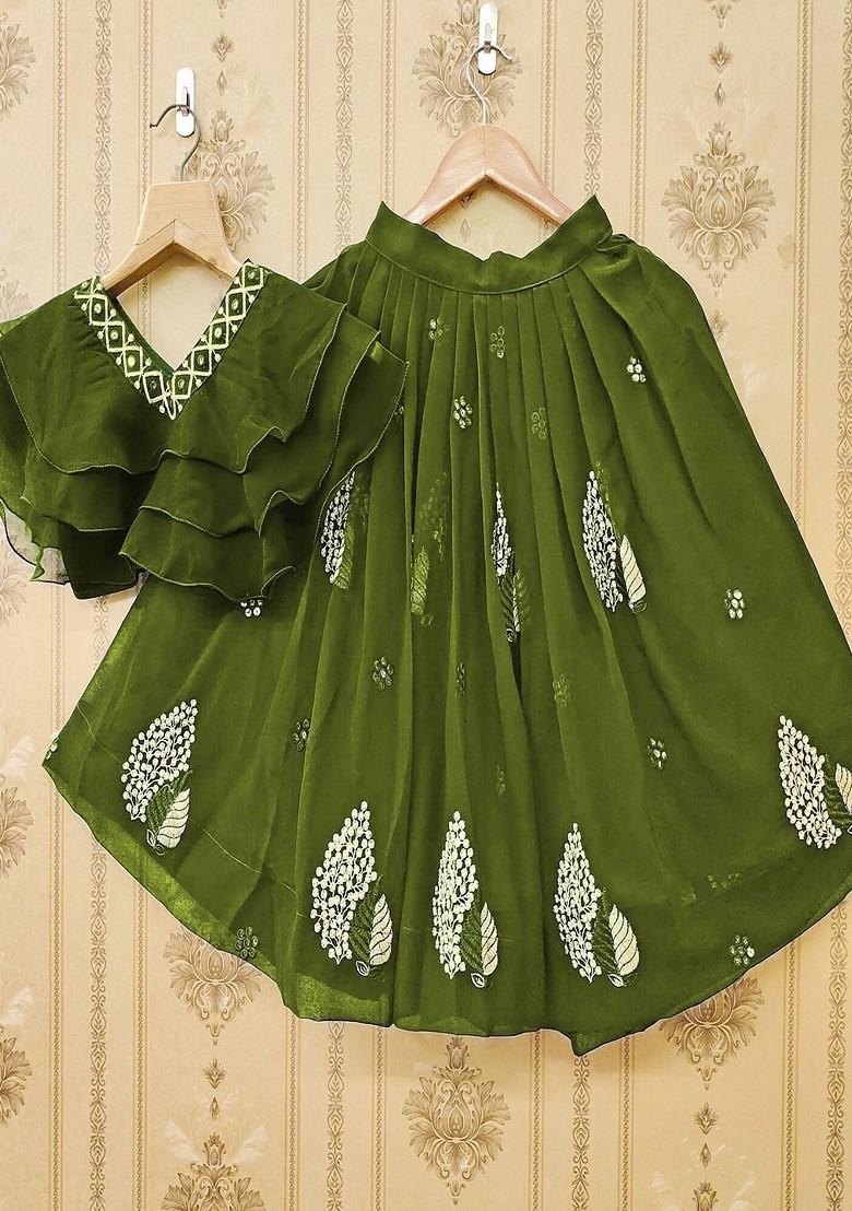 Green Embroidered Blended Lehenga Choli For Girls - Indya