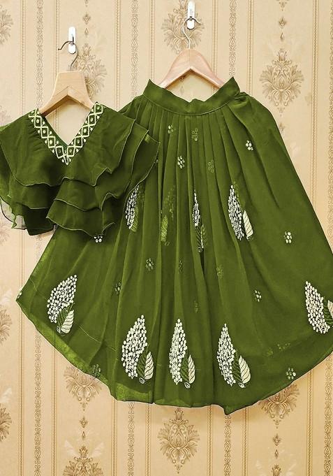 Green Embroidered Blended Lehenga Choli For Girls — view on Indya