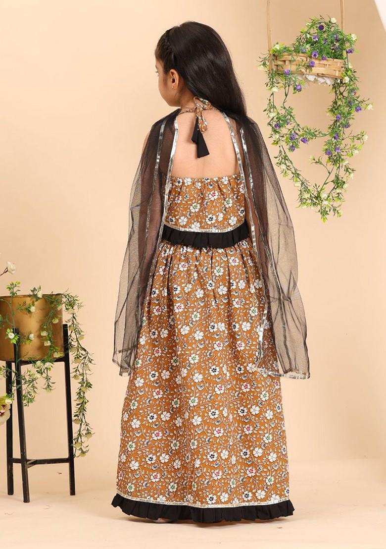 Brown Printed Cotton Blend Lehenga Choli For Girls - Indya