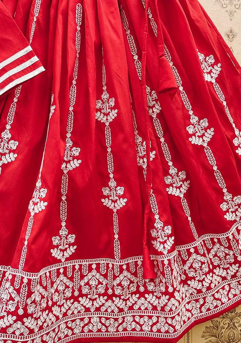 Red Embroidered Blended Lehenga Choli For Girls - Indya
