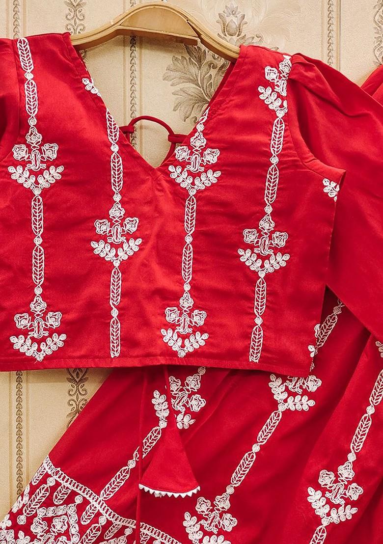 Red Embroidered Blended Lehenga Choli For Girls - Indya