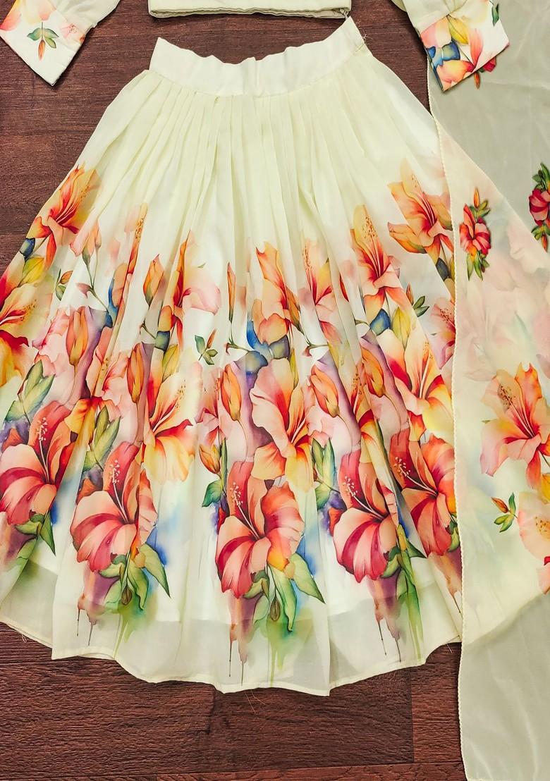 Yellow Printed Blended Lehenga Choli For Girls - Indya