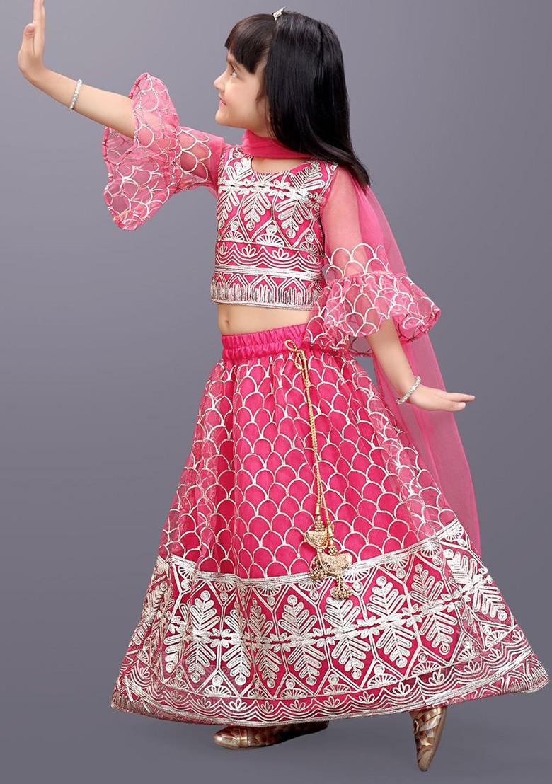 Fuchsia Embroidered Blended Lehenga Choli For Girls - Indya