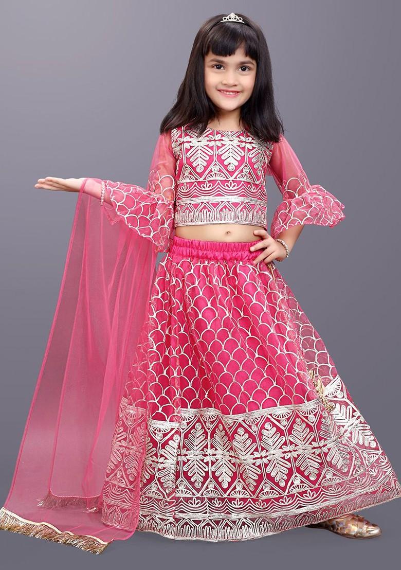 Fuchsia Embroidered Blended Lehenga Choli For Girls - Indya