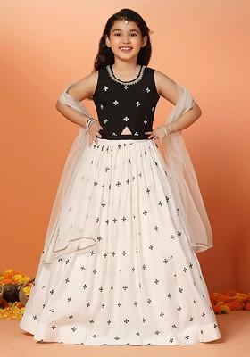 White Embroidered Blended Lehenga Choli For Girls