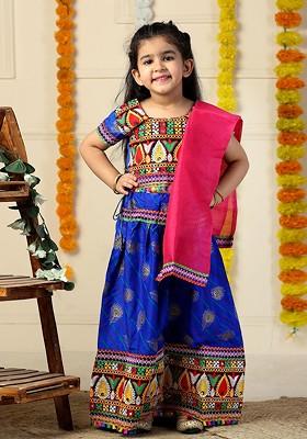 Blue Embroidered Cotton Blend Lehenga Choli For Girls