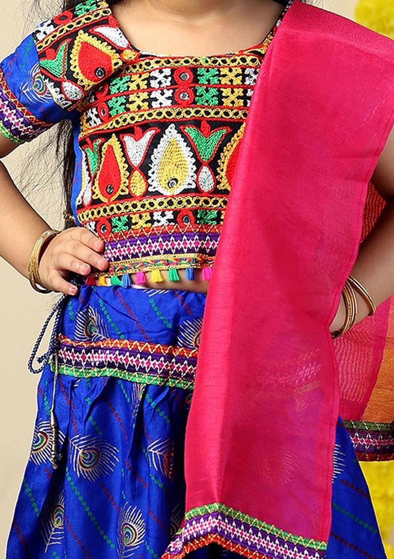 Blue Embroidered Cotton Blend Lehenga Choli For Girls - Indya