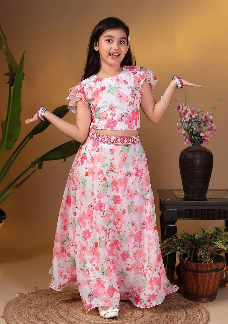 Off White Printed Blended Lehenga Choli For Girls - Indya