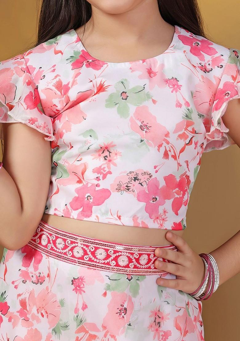 Off White Printed Blended Lehenga Choli For Girls - Indya