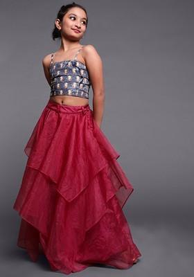 Pink Printed Blended Lehenga Choli For Girls