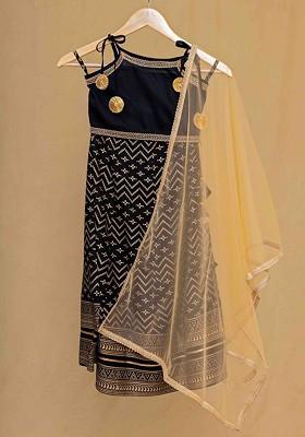 Black Embroidered Blended Lehenga Choli For Girls