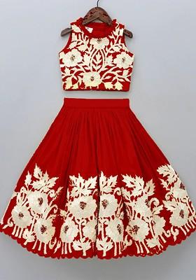 Red Embroidered Blended Lehenga Choli For Girls
